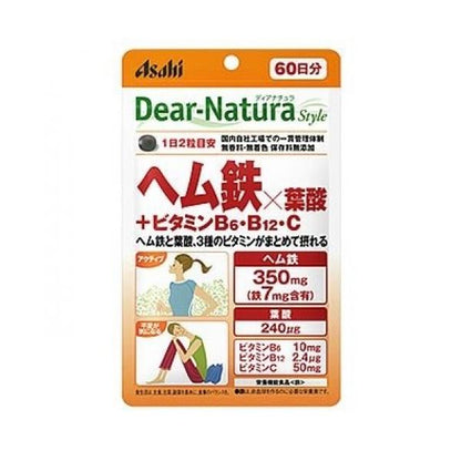 Asahi Dear Natura Style系列 血紅素鐵×葉酸+維他命B6・B12・C 60天份 120顆