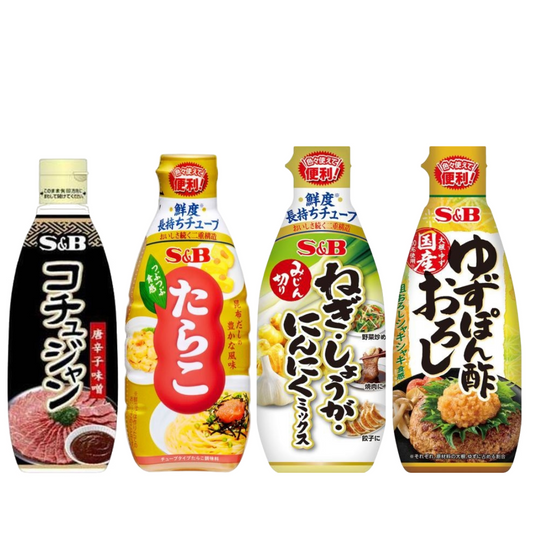 S&B 愛思必 超值裝系列（韓式辣醬 / 顆粒口感鱈魚子 / 柚子醬蘿蔔泥 / 蔥薑蒜綜合調味料）