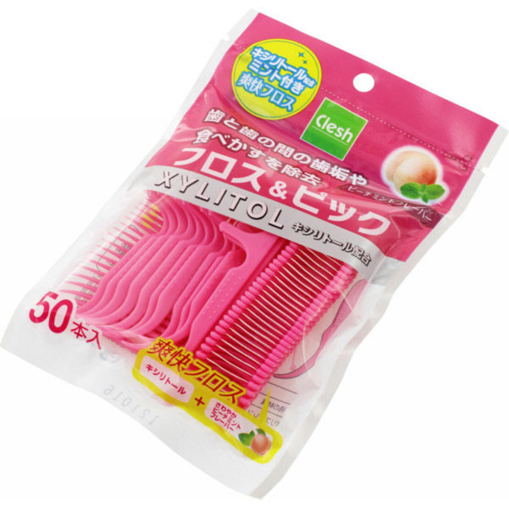 Clesh 木糖醇牙線棒 桃子薄荷味 1包(50 支入)