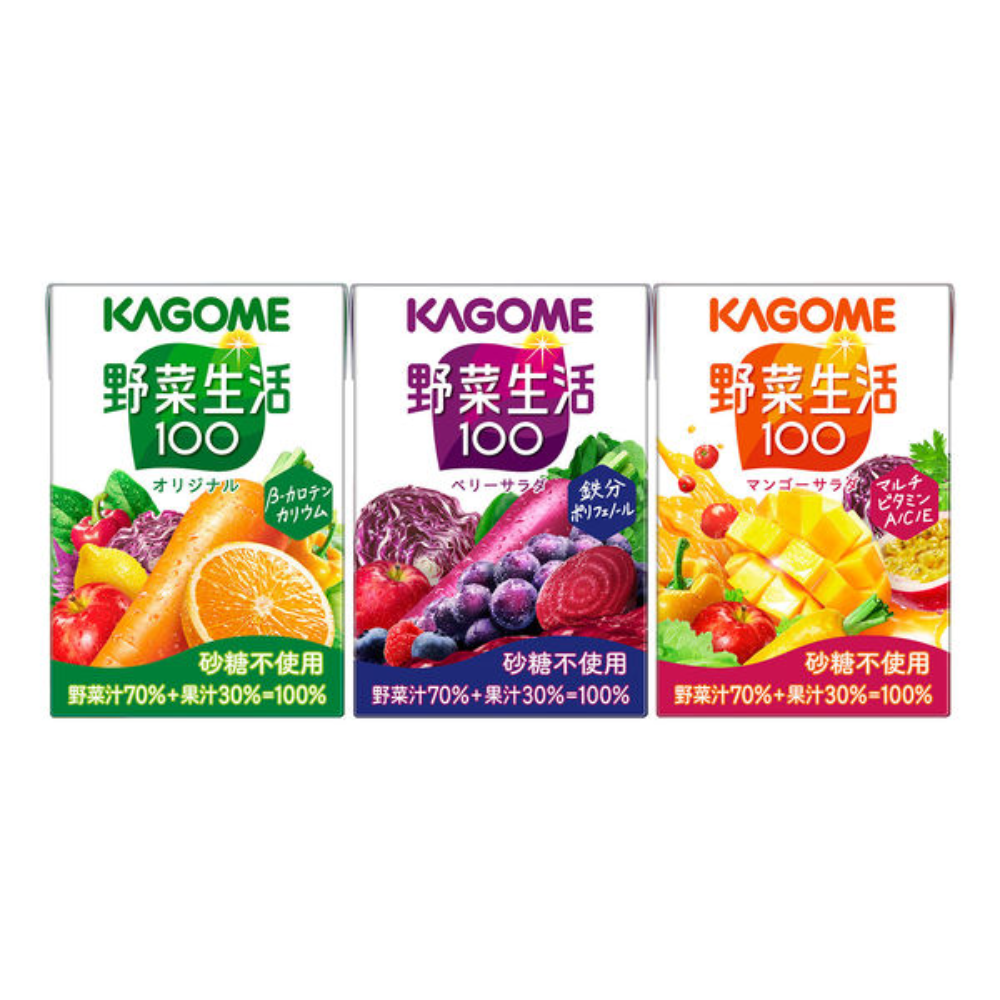 Kagome 可果美 野菜生活100 綜合口味組  蔬菜汁 蔬果汁 1 盒（100ml x 12 瓶入）